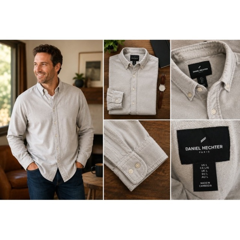 Daniel Hechter Paris Mens L Long Sleeve Button Down Gray Cotton Blend Flannel